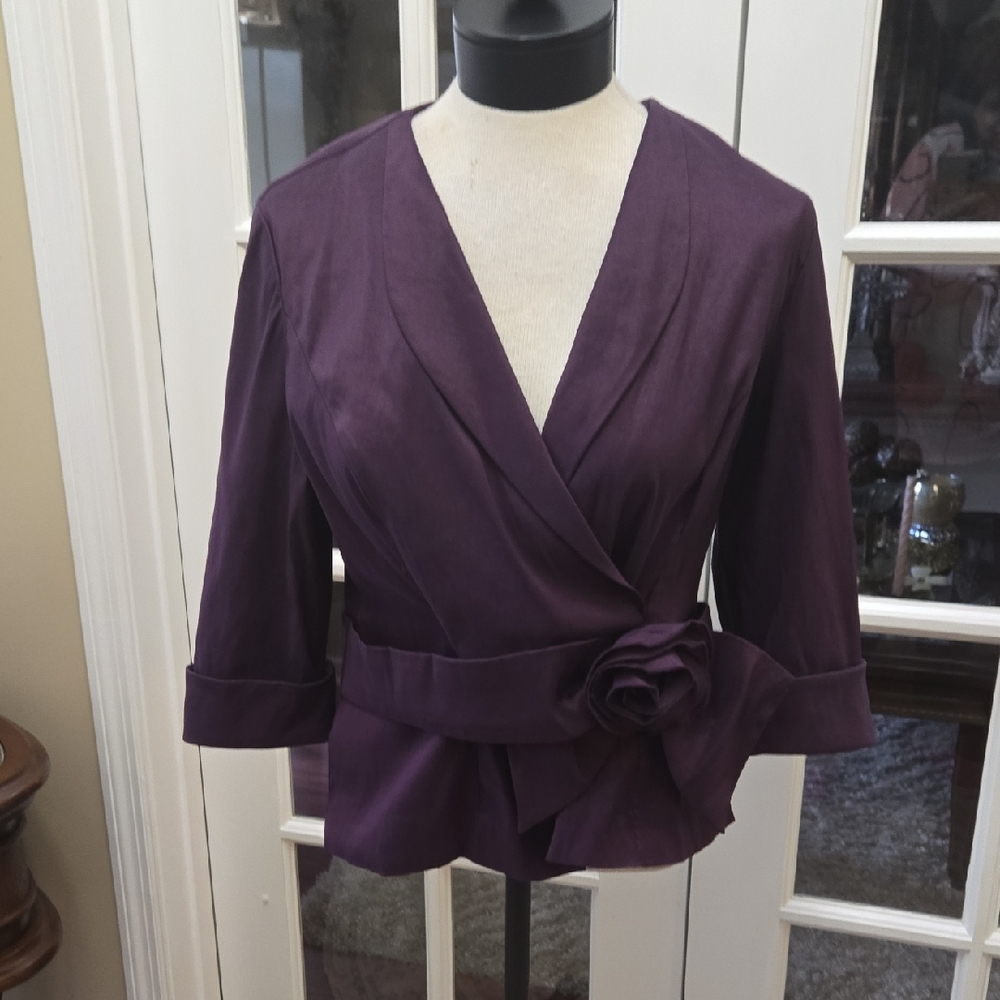 Alex Evenings Plum Faux Wrap Top Flower Waist Accent 3/4 Sleeve W/cuffs LP EUC